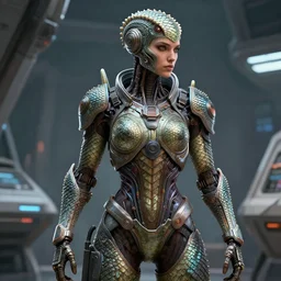 epic professional digital art of female starship mechanic, without neck, covered in reptilian scales, by leesha hannigan, iris van herpen, artstation, cgsociety, wlop, epic, much wow, much detail, gorgeous, detailed, masterpiece