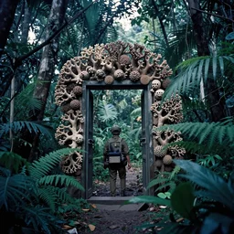 film still, extreme far view, coraline, jungle, vietnam door gunner, apocalypse now, associated press, 2 6 mm kodak ektachrome, blue tint expired film