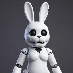 white broken down female five nights at freddy's animatronic rabbit with pitch black eyes and eye lashes