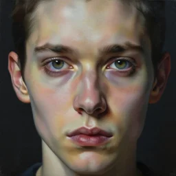 high quality high detail painting by gottfried helnwein, hd, portrait of a psychopath, intense unsettling look in the eyes, photorealistic lighting