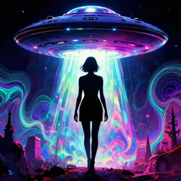spooky ufo hovers over female silhouette, ( ( synthwave ) ) ( ( fractal waves ) ), bright neon colors, highly detailed, cinematic, tim white, roger dean, michael whelan, caza, bob eggleton, philippe druillet, vladimir kush, kubrick, alfred kelsner, vallejo
