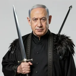 insanely detailed portrait of benjamin netanyahu, oriental clothing, feathers, holding sword, black lipstick, elegant patterns background, rich colors, vibrant colors, thick outlines, by yoshitaka amano