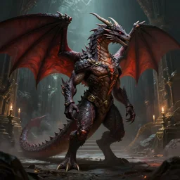 dungeons and dragons evil dragon character full body side profile portrait, dramatic light, dungeon background, 2 0 0 mm focal length, painted by stanley lau, painted by greg rutkowski, painted by stanley artgerm, digital art, trending on artstation