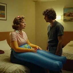 still from a 1980 French film about a depressed housewife wearing a squishy inflatable toy as she meets a handsome younger man in a seedy motel room