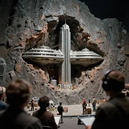 a scene from behind the filming of aliens in 1 9 8 6, miniature sets of a sci - fi building cut into the wall of a mountain, detailed, miniature photography, futuristic