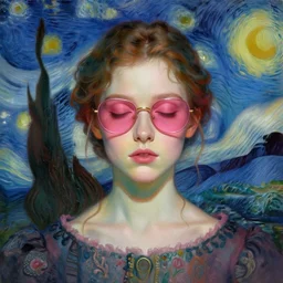 portrait of a beautiful girl, eyes closed, shades of pink, beautiful face, rule of thirds, intricate outfit, spotlight, by greg rutkowski, by jeremy mann, by francoise nielly, by van gogh, digital painting