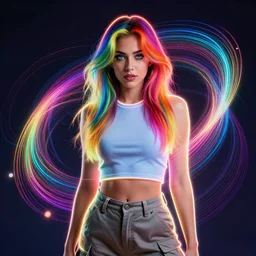 a award winning half body portrait photograph of a beautiful woman with stunning eyes in a croptop and cargo pants with rainbow colored hair, routlined by whirling illuminated neon lines, fine rainbow colored lines swirling in circles, outrun, vaporware