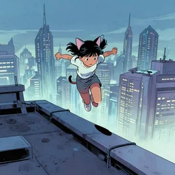 determined 7 year - old girl with cat ears pouncing from the rooftop, futuristic skyline behind her, wide shot, highly coherent, saga comic, graphic novel, fiona staples