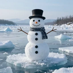 snowman on floating ice, photo realistic image, super detailed, 4K,cinematic look