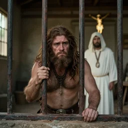sad Caveman behind bars with Christian Western chandler as celibate