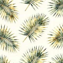 repeating pattern seamless. watercolor. tropical palm leaves, warm light, gold and green, hyperrealistic, minimalistic, stylized