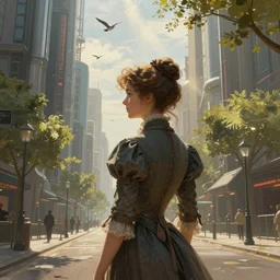portrait of a victorian lady in a futuristic city, from behind, streets, birds in the sky, sunlight and rays of light shining through trees, tall buildings on the sides, beautiful, solarpunk!!!, highly detailed, digital painting by Michael Garmash