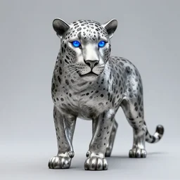 portrait photography of a silver jaguar sculpture with glowing blue eyes
