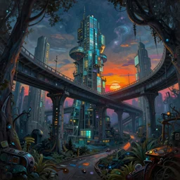 a beautiful ultradetailed painting of overpass urbex by wayne thiebaud, fisheye bioshock futuristic alien made of glass darkacademia landscape otherworldly forest uv light sunset galactic bladerunner 2 0 4 9, archdaily, wallpaper, highly detailed, trending on artstation.