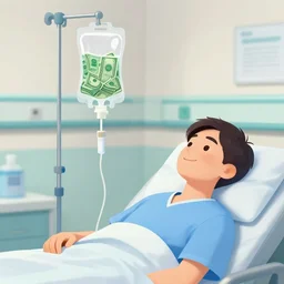 a hospital patient on a drip. the drip bag filled with liquid green dollar bills, digital illustration, talented