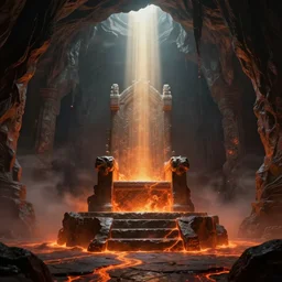 a epic concept art by gustave dore and greg rutkowski, trending on artstation. dante's divine comedy, dark fantasy cave palace of bad omens. light effect. a beam of light fell on the stone throne!! magma. morandi colour. fier in fog!! 3 d, ultra clear detailed. octane render, unreal engine. 8 k