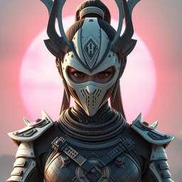 gorgeous female samurai with full warrior armor, 3 d render, futuristic biomechanical, porcelain ivory mask, hyper realistic, cinematic, octane render, 8 k, pink sun in background, vivid colors, oblivion, end of time,