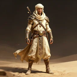 postapocalyptic explorer, desert mage fighter full body, in full light, detailed outfit, front light, bright character, dark background, bright details, concept art pose, darek zabrocki, noah bradley, incredible details, berberic clothes, desert fighter ancient mage