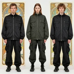 a full body portrait by nick knight artgerm, philippe druillet greg rutkowski and alphonse mucha. of a russian girl detailed features wearing cargo streetwear - lots of zippers, pockets, synthetic materials, chic'techno fashion trend by issey miyake and balenciaga 8 k