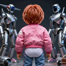 screaming chucky doll portrait, back facing, wearing oversized pink puffy bomber jacket and white leotard, futuristic chrome drones, ultra realistic, dramatic lighting, robots, back to the future artifacts, highly detailed by peter mohrbacher, hajime sorayama, wayne barlowe, boris vallejo, aaron horkey, gaston bussiere, craig mullins
