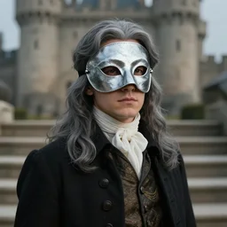 portrait painting of a 3 0 years old man, wearing a silver melt mask, long grey hair, gentleman's dress, background is castle and steps unreal render cinematic lighting art 1 9 2 0 period drama by bussiere rutkowski andreas rocha