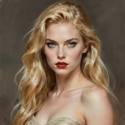 artistic portrait of a confident and severe looking northern goddess, extremely long blond hair, beautiful blue eyes and red lips, perfect fit body, art by artgerm and greg rutkowski and magali villeneuve, highly detailed, digital painting, trending on artstation, concept art, sharp focus, illustration, masterpiece