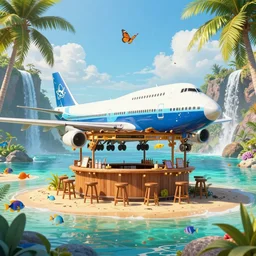 boeing 7 4 7 transformed in a beach bar in the middle of a paradisiac lagoon full of tropical fish, butterflies, palms and surrounded by riverfalls, global illumination lighting artstation, lois van baarle