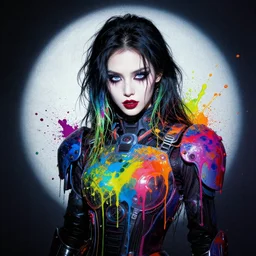 a goth with beautiful eyes wearing futuristic clothing, passionate, spotlight, paint drips, paint splatter, vibrant colors, dramatic, canvas texture, futuristic clothing, by marco paludet
