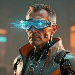 a beautiful!! photo of a middle - aged!! bionic!! male!!, cyberpunk, augmented vision, volumetric light, photography, dystopian, extremely detailed, photorealistic!, stunning, digital art trending on artstation, orange, cyan, washed out colors