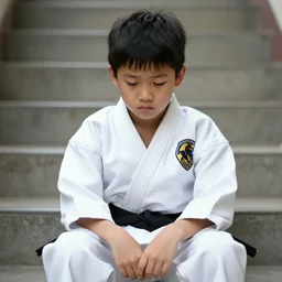 sad asian kid wearing karate gi sitting on stairs, photo, detailed face