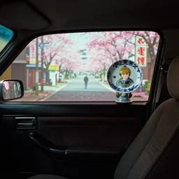 fuji 5 0 r, 3 5 mm ; car ad film still of old car interior with front seat side window view ; in background a projection of beautiful hyperrealistic film still from sakura tokyo ( 1 9 9 0 ) still life scene directed by wes anderson with a street in style of 1 9 9 0 s frontiers in miniature porcelain kintsugu design magazine seinen manga edition, real - life seinen manga porcelain sci - fi font izakaya sign, highly detailed, cinematic lighting, 8 k
