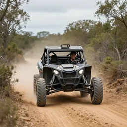 nn off road buggy drives towards the viewer along a forest dirt track. the vegetation is sparse scrub. the driver is male and smiling. the buggy has an open frame build with mounted search lights. the sky is cloudy and dust is being thrown up by the buggy's wheels