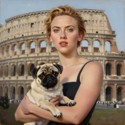 portrait of scarlett johansson holding her pug - puppy in rome ( italy ), oil painting, 1 9 7 1,