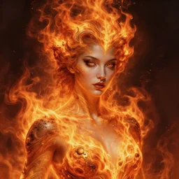 stunning goddess of fire portrait, fire skin, ashes, ember, fantasy, intricate, elegant, highly detailed, digital painting, artstation, concept art, smooth, sharp focus, illustration, art by krenz cushart and artem demura and alphonse mucha and tony sandoval