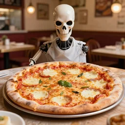 terminator without flesh baking a pizza in an italian restaurant,