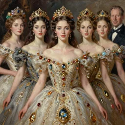 extra perfectness women, close - up, expansive dress with treasure's, gorgeous, extremely high details quality, bao phan, viktor safonkin, bruce pennington, larry elmore, norman rockwell, intricate, hyperrealistic oil painting on canvas, deep depth field, hd, hdr, 4 k, 8 k