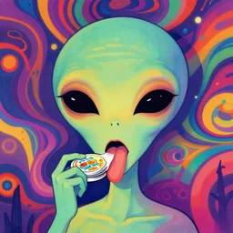 a colorful vibrant closeup portrait of a simple alien licking a tab of LSD acid on his tongue and dreaming psychedelic hallucinations, by kawase hasui, moebius, Edward Hopper and James Gilleard, Zdzislaw Beksinski, Steven Outram colorful flat surreal design, hd, 8k, artstation