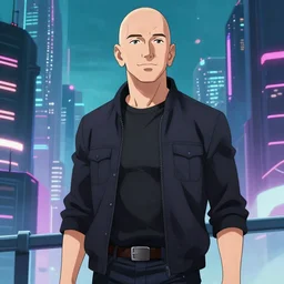 jeffrey bezos as an anime oc in an anime cyberpunk city