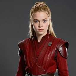 star wars portrait of a woman by greg rutkowski, jedi knight, she looks like dakota fanning and bella heathcote, wearing red jedi armor, she is about 2 0 years old, detailed portrait, sharp foccus, artstation hq.