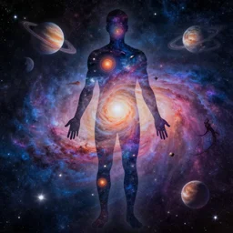 A psychedelic silhouette of a human body filled with the universe, planets, stars and galaxies in the style of Alex Grey