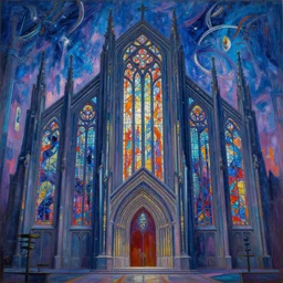 a cyberpunk art deco cathedral, stained glass windows, by greg rutkowski and claude monet, oil on canvas