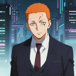 tatsuki fujimoto illustration of an orange-headed businessman, creepy face, cyberpunk city