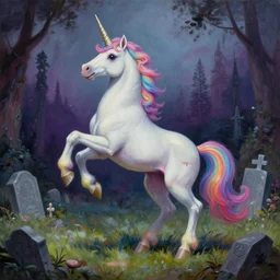 a beautiful detailed mate painting of a rainbow unicorn dancing on a graveyard'by stephanie law, existential horror, trending on cgsociety artstation, highly detailed, 8 k, masterpiece, super resolution.