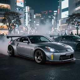 a car 350Z twin turbo drift at illegal car meet, Shibuya prefecture, city midnight mist lights, cinematic lighting, photorealistic, highly detailed wheels, high detail