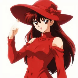 nineties anime picture of a beautiful sorceress, skintight red dress, hat, face details, red hair, white skin, fight, high fantasy, dnd, extremely detailed, sharp focus, smooth, illustration by rossdraws, artgerm
