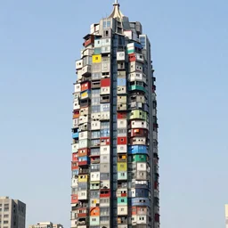 a skyscraper made up of colourful makeshift squatter shacks, dystopia, sony a 7 r 3, f 1 1, fully frontal view, photographed by jeanette hagglund