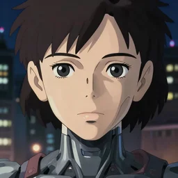 symmetrical!! a anime portrait of a cyborg woman, finely detailed features, closeup at the face, sharp focus, aesthetically pleasing art, perfect face, night time city background, cinematic lighting, highly detailed, intricate, smooth, anime, artstation, trending on pixiv fanbox, painted by greg rutkowski, studio ghibli, yoji shinkawa, hayao miyazaki,