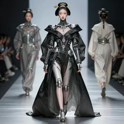 Photorealistic illustration, full body geisha  cyborg balanciaga fashion show , with fashion clothe, six digital eyes by sorayama , cyberpunk 2077, sci-fi, futuristic, intricate, elegant, highly detailed, digital painting, artstation, concept art, smooth, sharp focus, art by artgerm, greg rutkowski and alphonse mucha