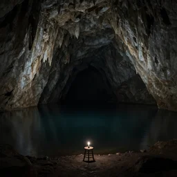 a huge cave, dark cave lake, black water, a chair stool under a tiny lightbulb, surreal, highly detailed, artstation, smooth, sharp focus, by greg rutkowski, 8 k