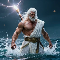 rugged zeus in the ocean, god of thunder, greek god, white hair, masculine, powerful, handsome, upper body, white robe, in mortal kombat, splash art, movie still, cinematic lighting, dramatic, octane render, long lens, shallow depth of field, bokeh, anamorphic lens flare, 8 k, hyper detailed, 3 5 mm film grain